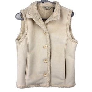 LL Bean Womens Beige Button Down Vest Soft Sherpa Lined Size XS